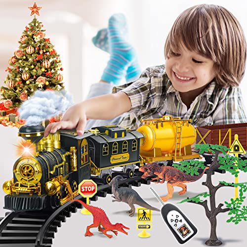 Juqu Train Sets For Boys,Remote Control Electric Train Toys With Dinosaurs Battery-Powered Steam Locomotive Engine With Sounds And Light, Carriages&Tracks,Xmas Gifts For Age 3 4 5 6 7 8+Kids #TOP7