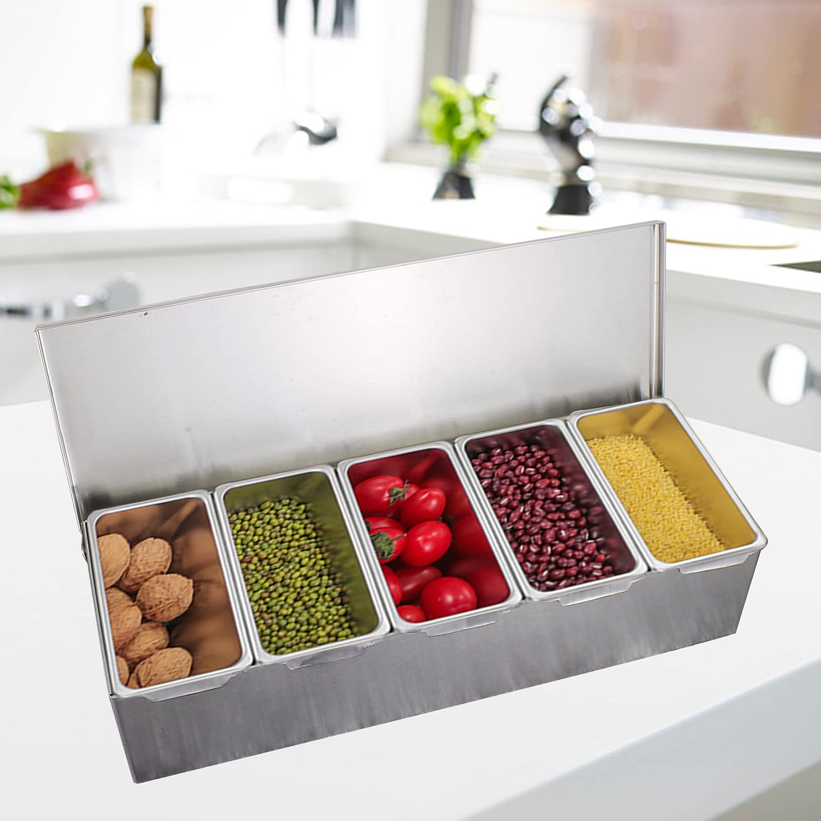 Contenitore per ingredienti in acciaio inox, con 4/5 scomparti, con coperchio e griglia interna rimovibile per frutta, spezie, esche e müsli (5)