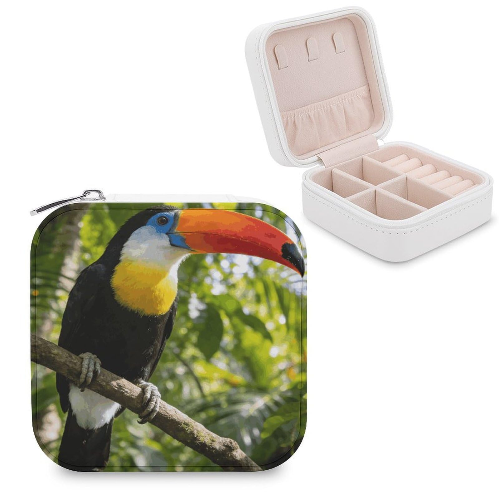 MUSM Toucan Travel Jewelry Case Personalized PU Leather Jewelry Boxes for Women Small Portable Jewelry Organizer Box Cute Trinket Box for Necklaces Rings Earrings & Gifts
