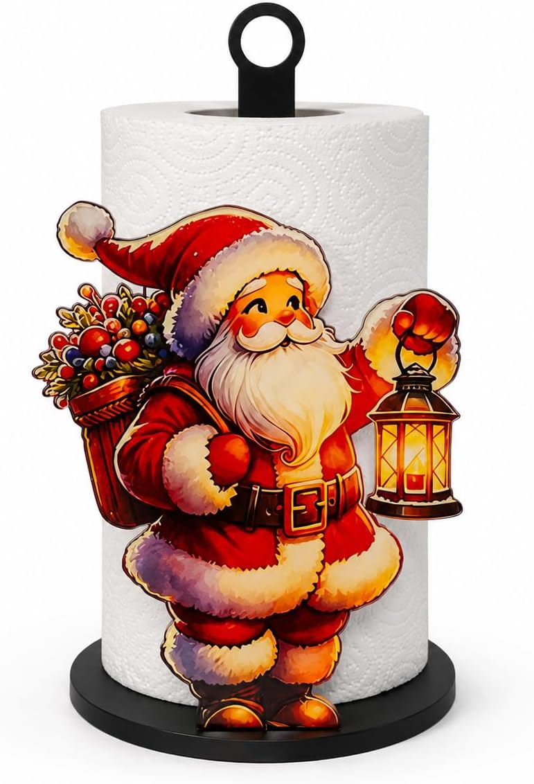 Christmas Santa Acrylic Paper Towel Holder, Festive Santa Gift Lantern Decorative Countertop Paper Roll Stand for Xmas Kitchen Home Decor
