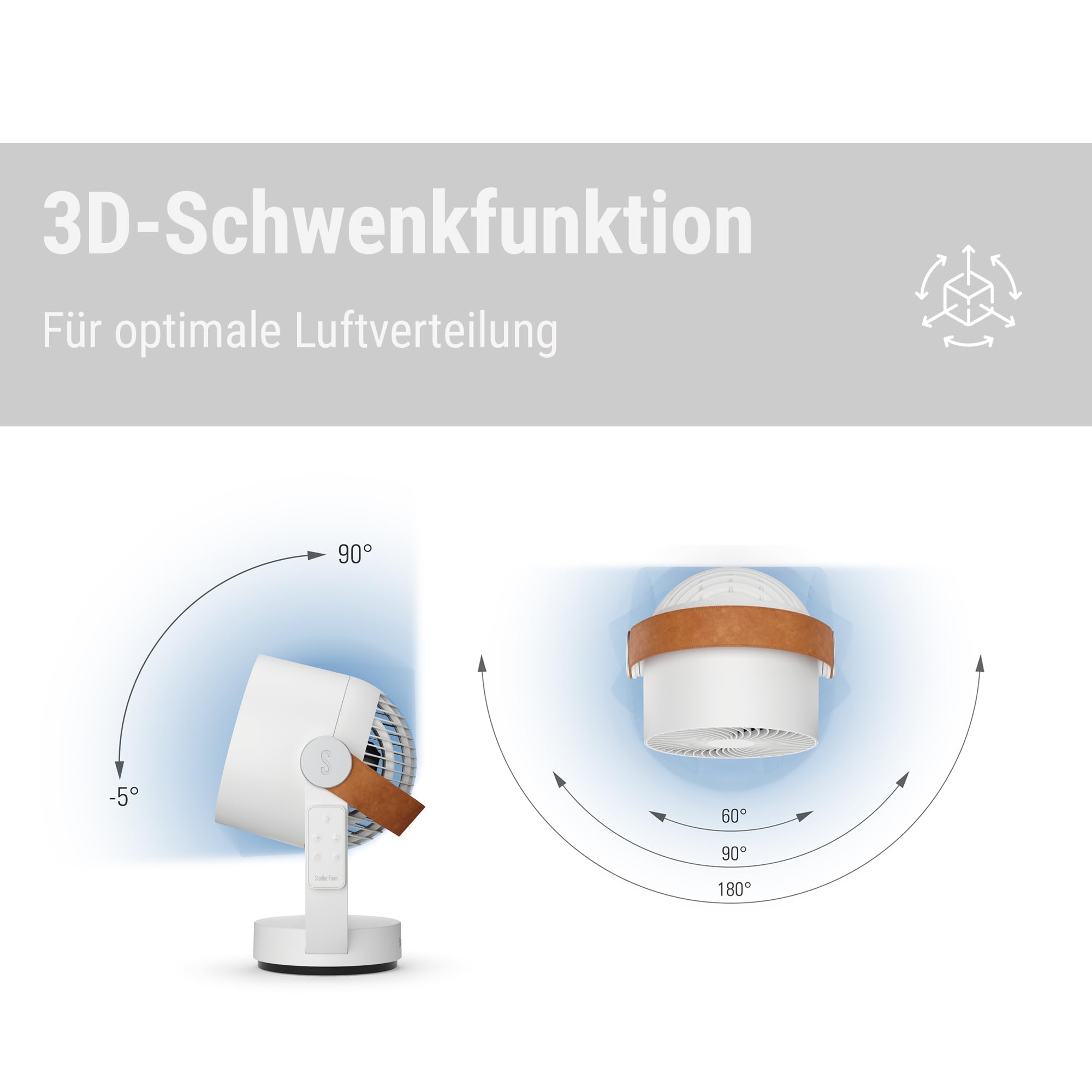 Stadler Form 3D-Luftzirkulator Leo, Ventilator mit horizontaler und vertikaler Schwenkfunktion, grosse Reichweite bis 8m, mit Fernbedienung, weiss