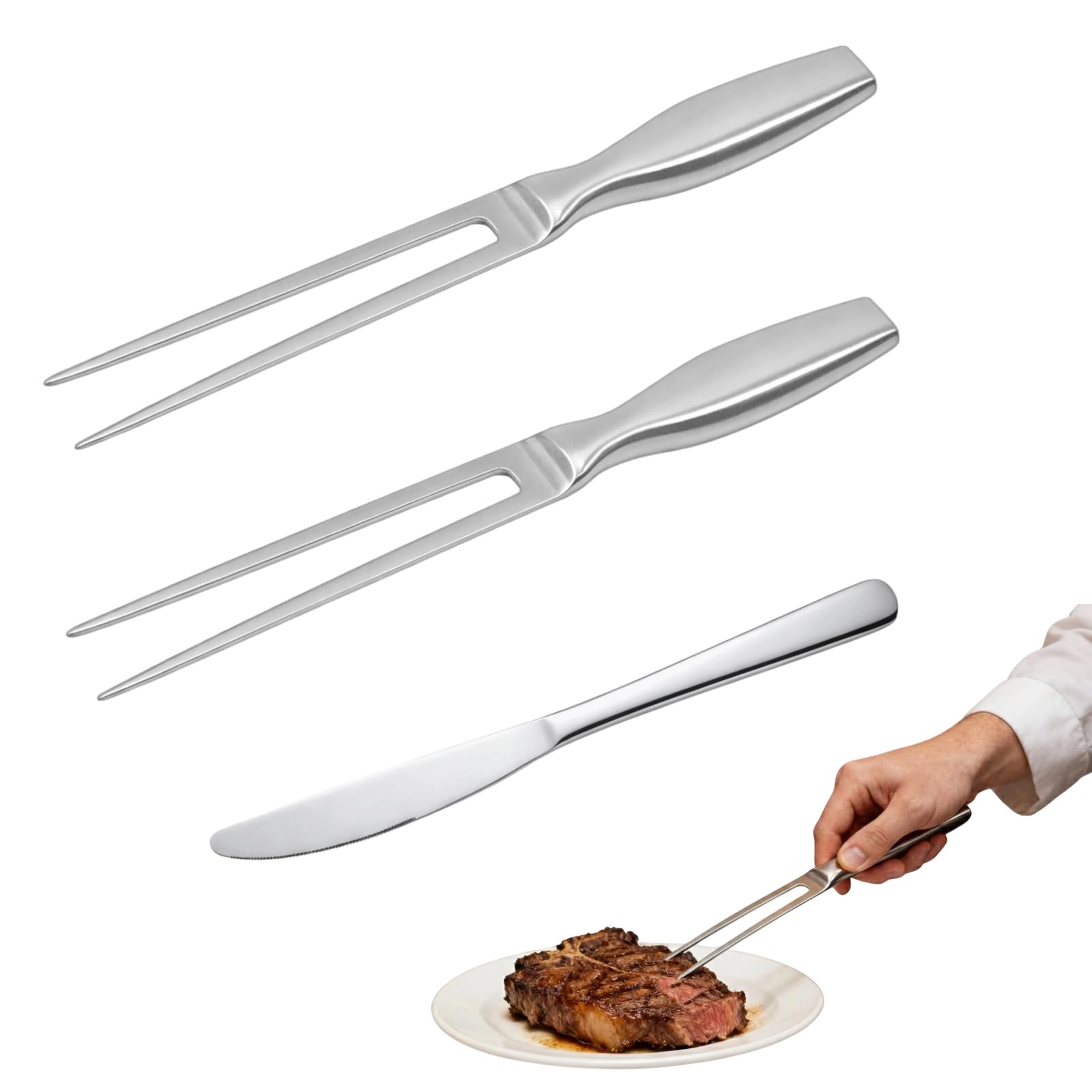 PAPAcroscoma 2 Stück Fleischgabel + 1 Stück Steakmesser | Tragbar Fleischgabel Edelstahl, Pizzamesser, Grillen Tranchieren Küche Truthahn Braten Abendesse