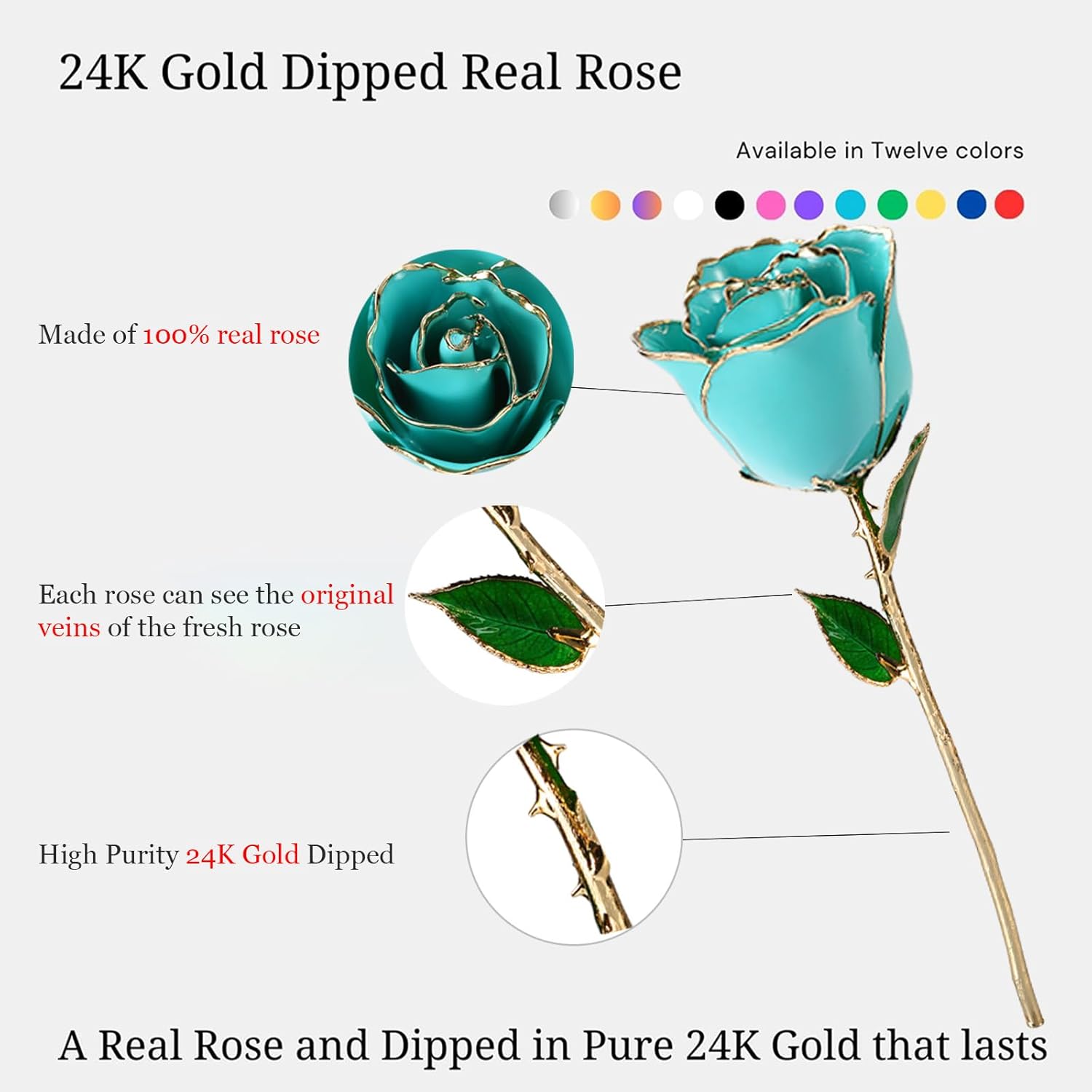 24K Gold Dipped Rose, 11'' High, Real Sky Blue Rose, Anniversary & Valentine's Day Gift for Her, Elegant Decor - Image 2