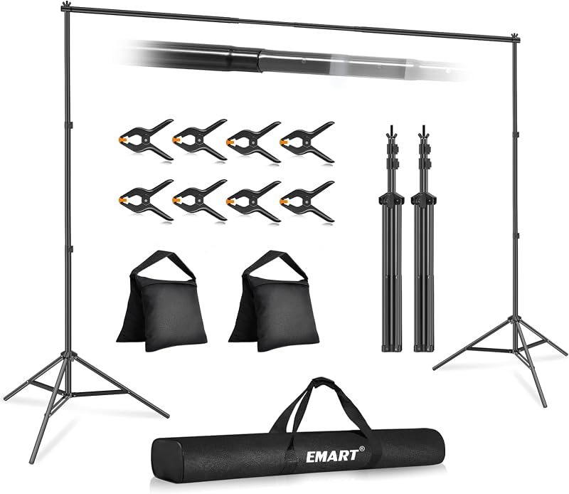 EMART Soporte de telón de fondo ajustable de 10 x 7 pies para sesión de fotos de fiesta | Fondo de soporte con 8 abrazaderas, 2 sacos de arena para fotografía, boda, baby shower, decoración de eventos, estudio fotográfico