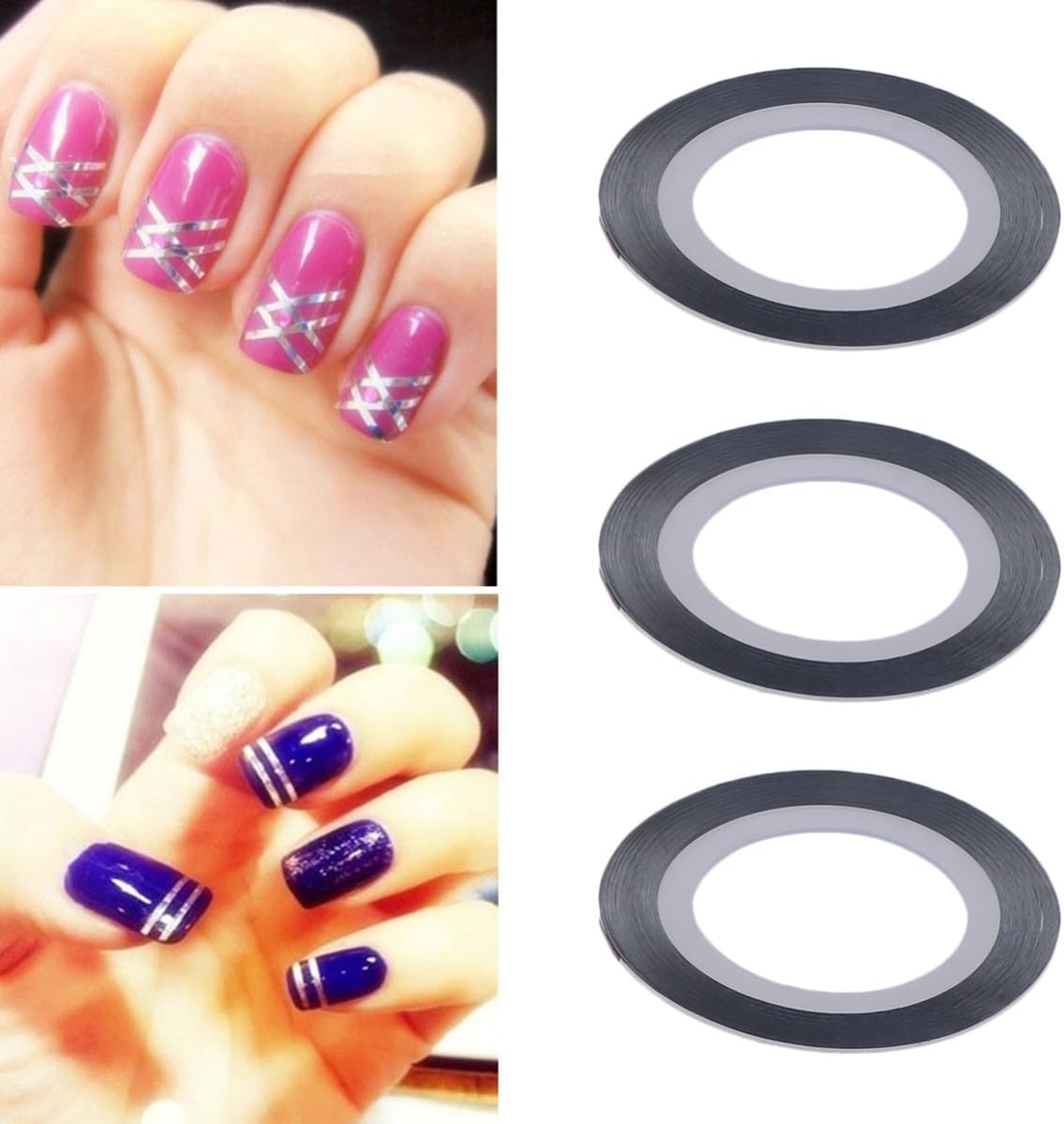 Silver Nail Striping Tape Rolls Adhesive 3pcs Self