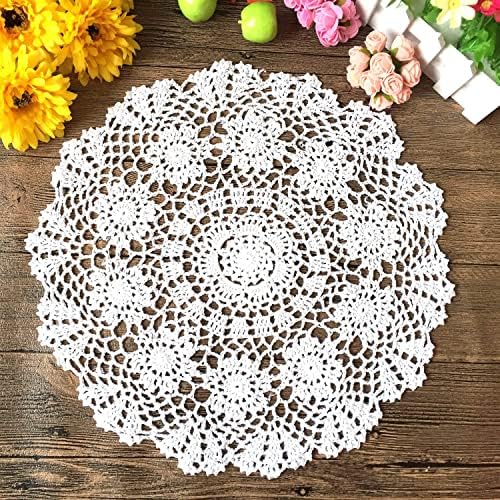 janef White Handmade Crochet Cotton Table Cloth Lace Doilies Round Lace Tablecloths 18 Inches.