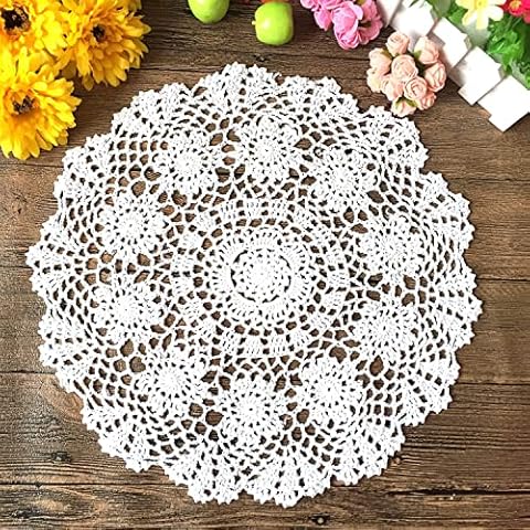 Janef White Handmade Crochet Cotton Table Cloth Lace Doilies Round Lace Tablecloths 15.7 Inches 2PC. Cover