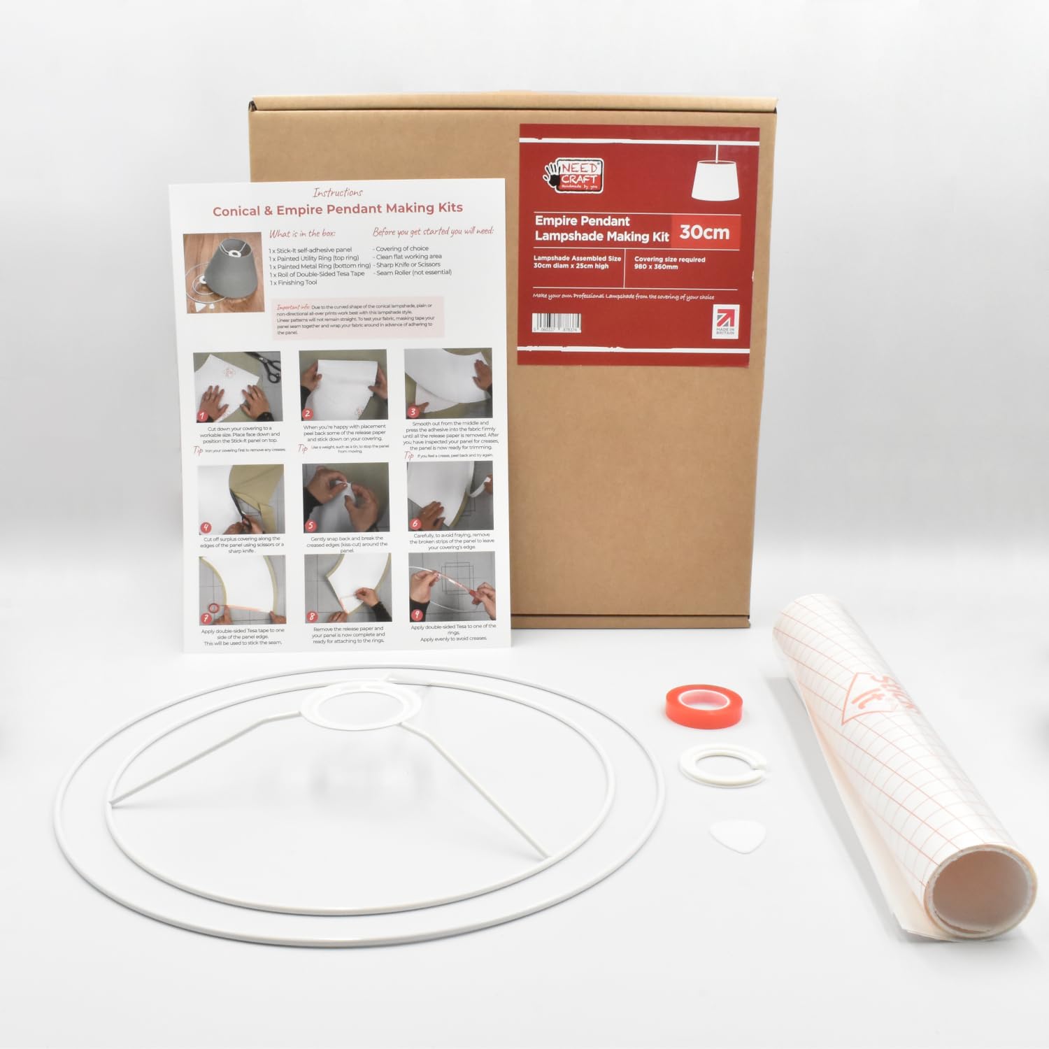 Empire Pendant Light Lampshade Making Kit - Tapered Circle Shape DIY Ceiling Light Shade Made in The UK by Needcraft - Use with Fabric, Textile, Wallpaper of Choice (White, 30cm)