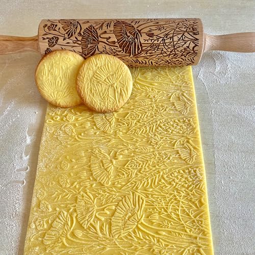 WILDE MOHNBLUME Nudelholz. Teigrolle mit Blumenmotive für Hausgemachtes Gebäck und Keramik. Präge Teigroller für DIY Küche. Gravierte Nudelholz mit Muster von Algis Crafts