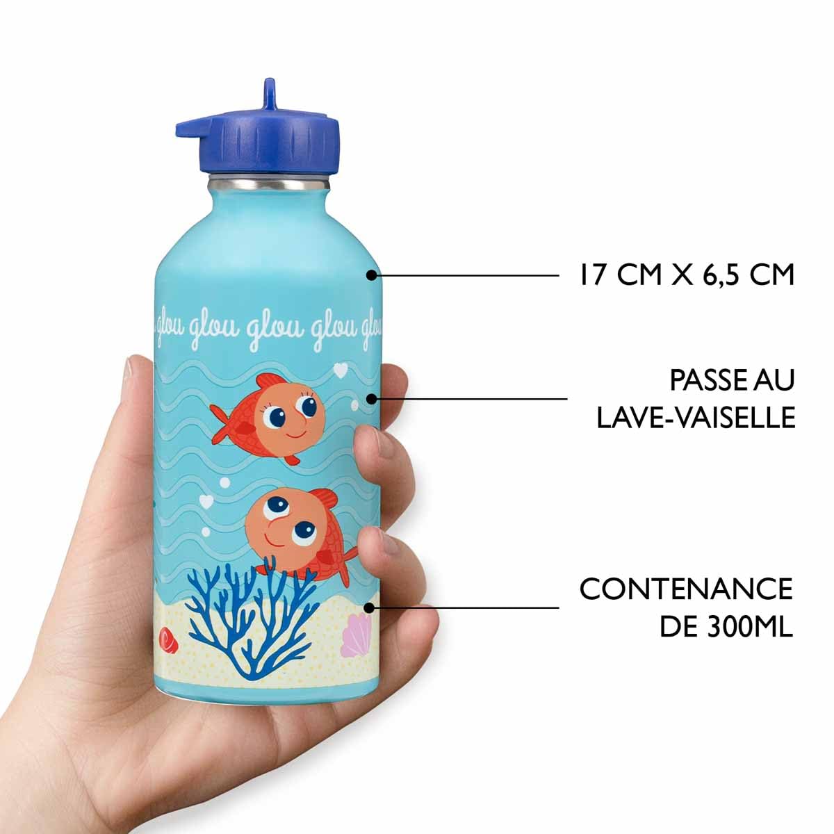 DRAEGER PARIS 1886 - Gourde Enfant Acier Inoxydable 300ml - Facile à Nettoyer - Bleu avec Message Glou Glou Glou - Écologique, Durable et Réutilisable - École & Sports - Taille Compacte 17x6,5 cm