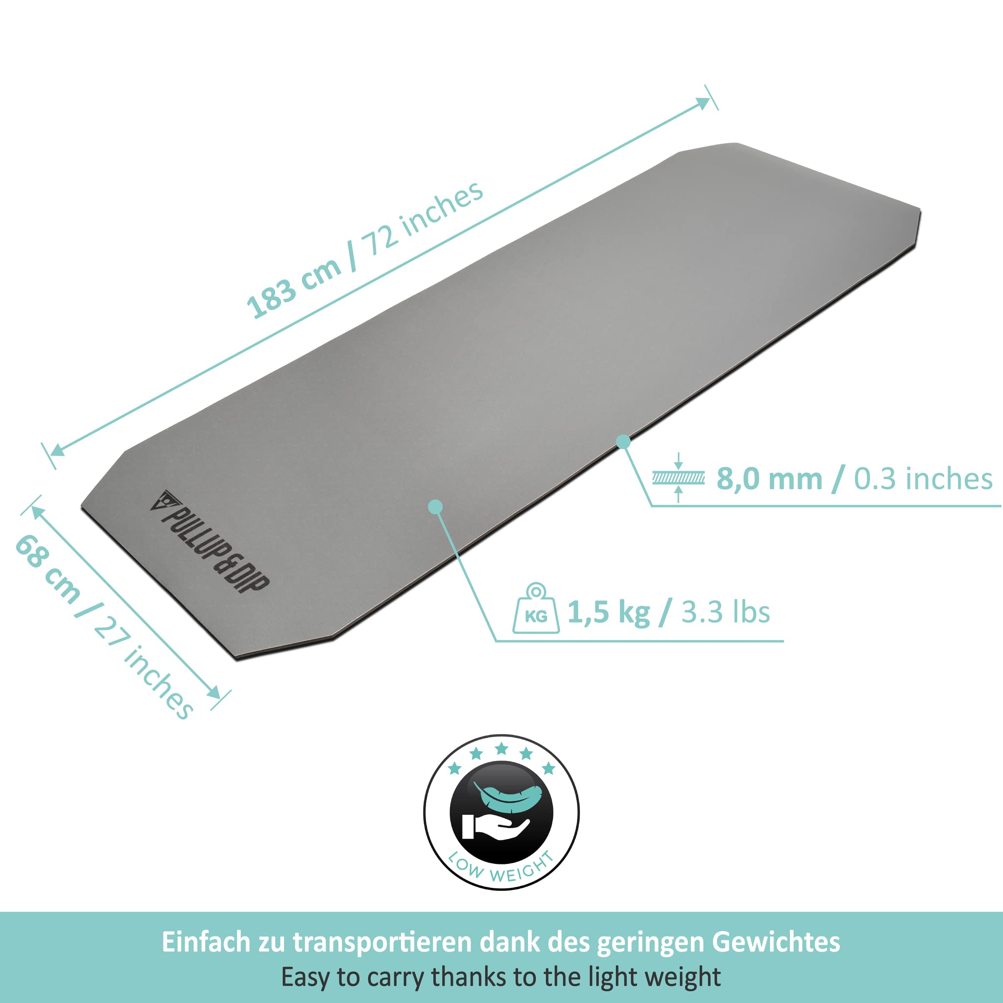 PULLUP & DIP Fitnessmatte mit Halteband – phthalatfreie und hautfreundliche Yogamatte 183 x 68 x 0,8 cm, Zweischichtige Gymnastikmatte rutschfest und gelenkschonend für Pilates, Heimtraining