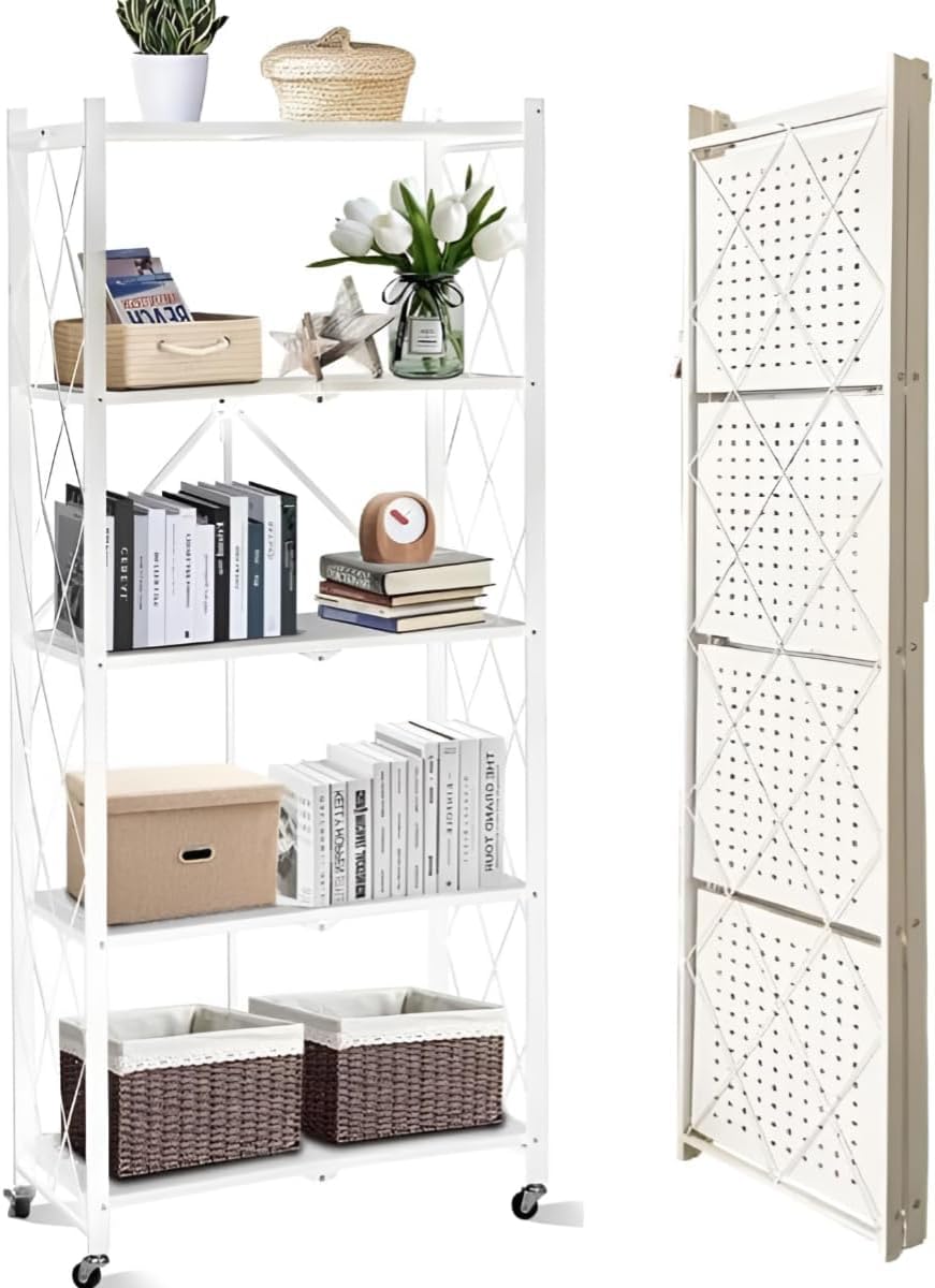 Aiwanto 5 Tier Foldable Storage Shelf with Wheels,Heavy Duty Garage Shelving,Metal Steel Collapsible Shelves,Rolling Standing Utility Rack for Kitchen,Pantry,Office,No Assemble Needed (5-Tier（White）)