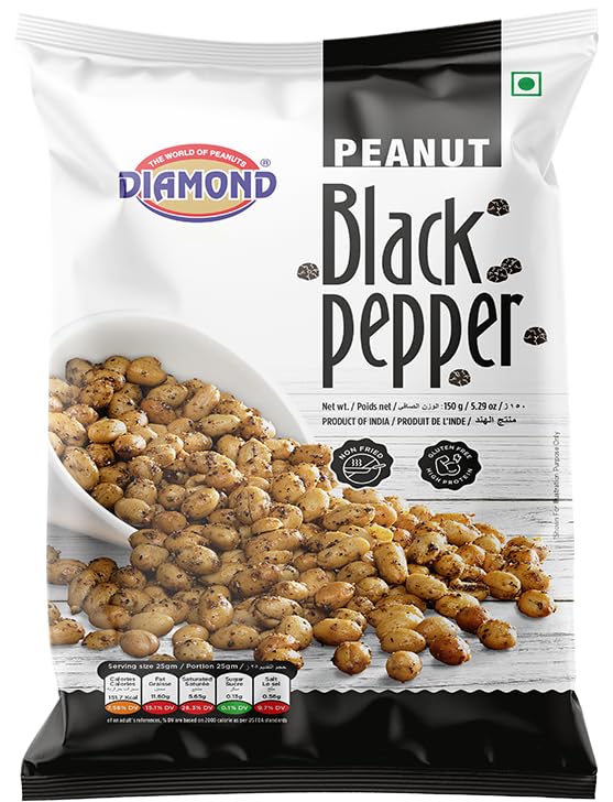 Image of Diamond Sing - Black Pepper Peanuts, 150 Gms | No Husk Spicy Flavoured Mungfali | Non Fried Singdana | Gluten Free - High Protein Nuts | Nitrogen Pack (Pack of 2)