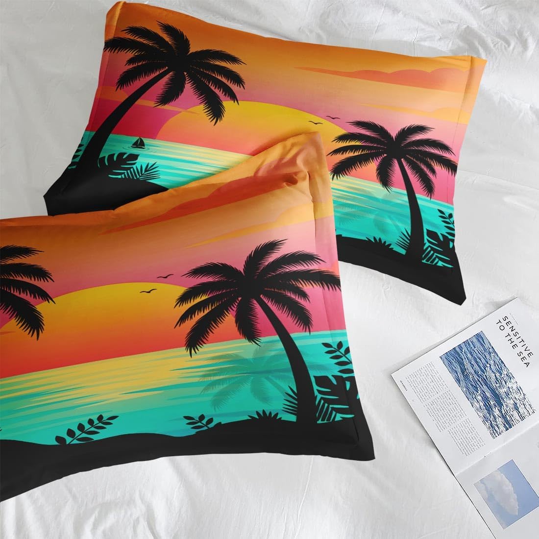 Pamnest Comforter Set Queen Size, Beach Sunset Palm Tree 3 Pcs Soft Bedding for Kids and Adults, Red Retro Tropical Comforter Set with Pillowcase, for Bedroom Bed Decor