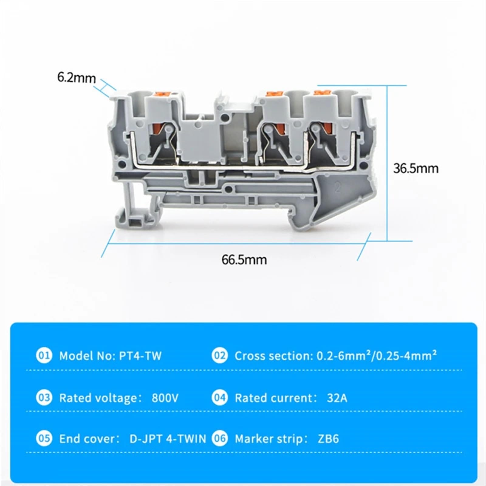 PT 4-Twin 3 Terminal Block Din Rail Mount Conductors Push in Spring Screwless Feed Through Wire Conductor 10pcs Wire Connector