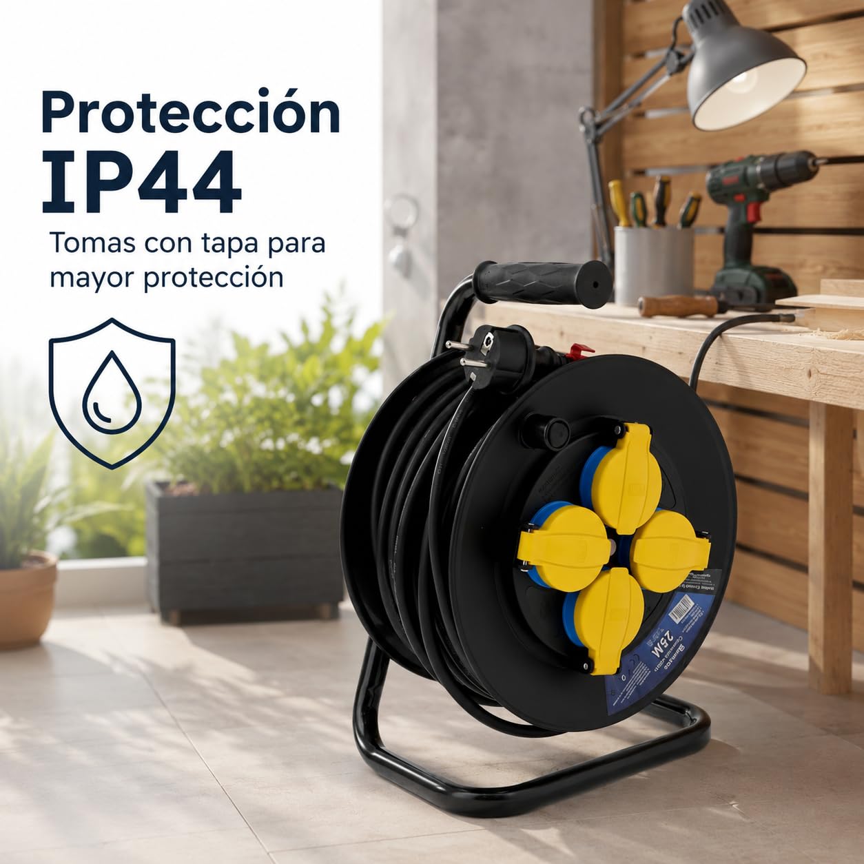 M mimotec - Avvolgicavo da Esterno 25m IP44 4 Prese 3200W 16A, Cavo H05RR-F 3G1,5 mm², Protezione Bambini, Ideale per Giardino, Cantiere e Officina