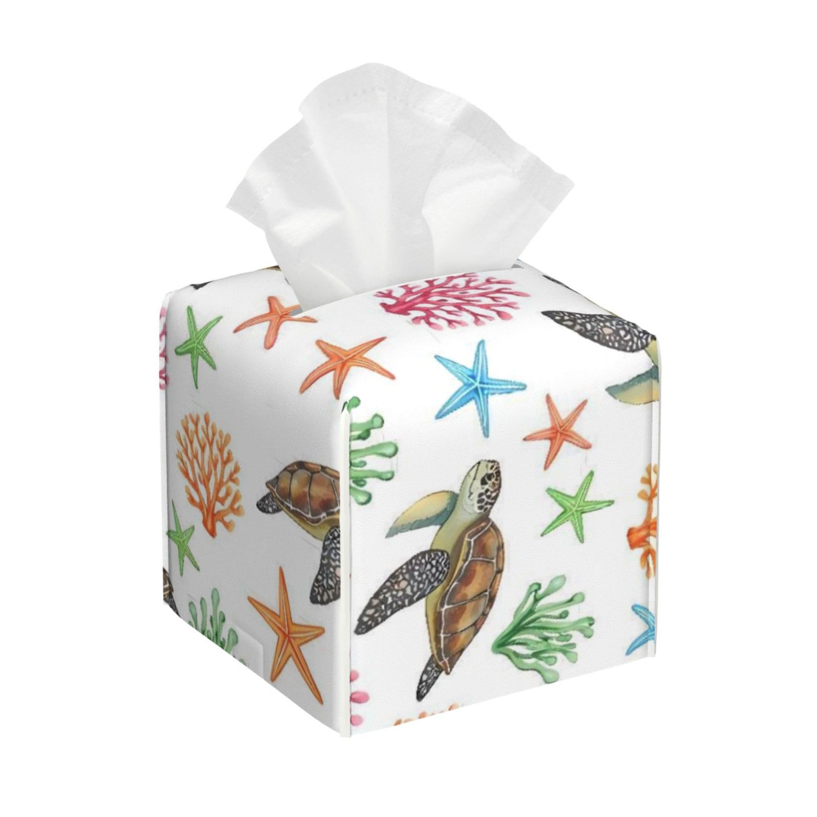 Ocean Animal Sea Turtle Floral Leather Tissue Box Cover Holder Square Facial Paper Organizer 5.2" X 5.2" X 5.2"