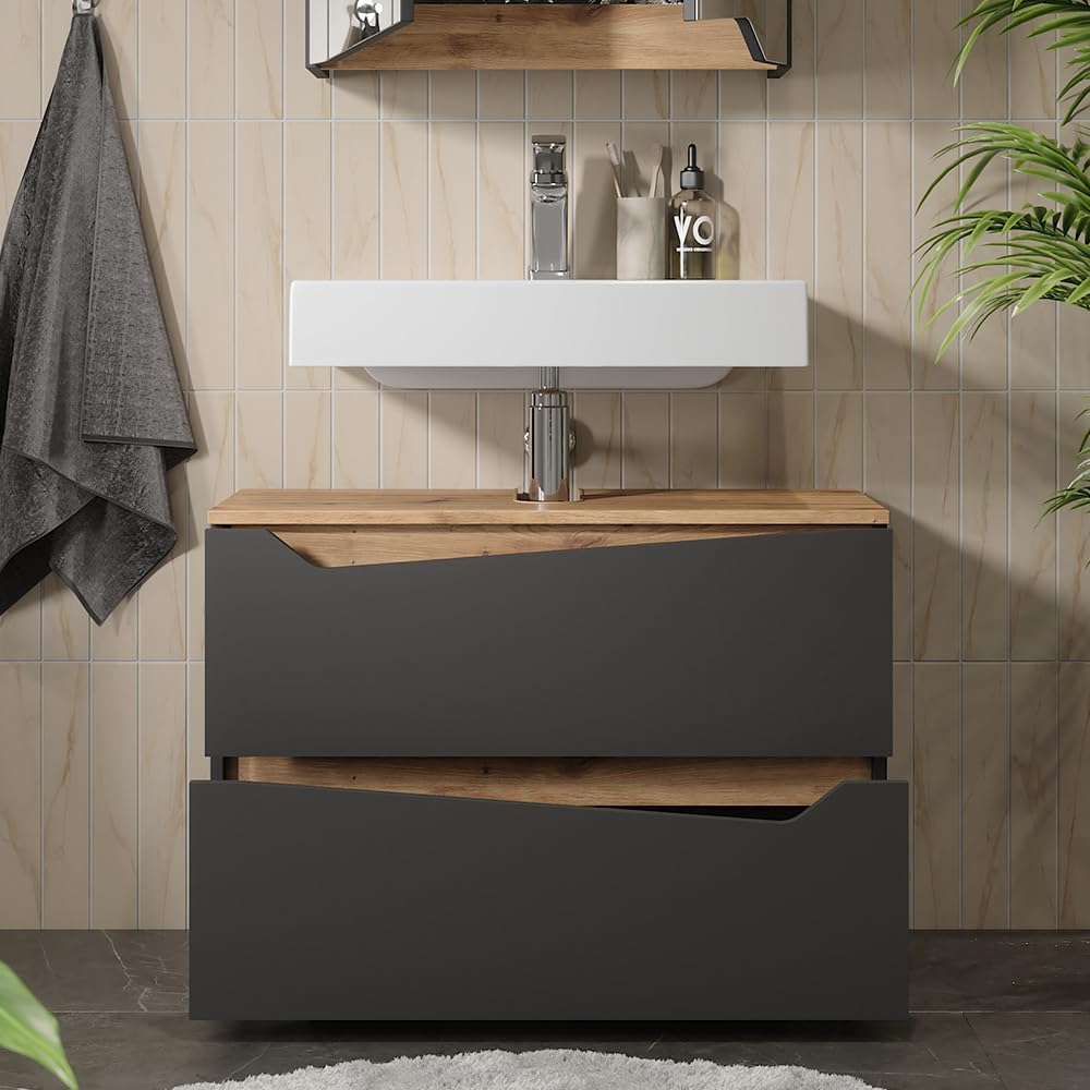 Vicco Mueble bajo Lavabo Marelle, Antracita/Artisan, 80 x 57.5 cm | con 2 cajones, apto para instalación debajo de lavabos estándar
