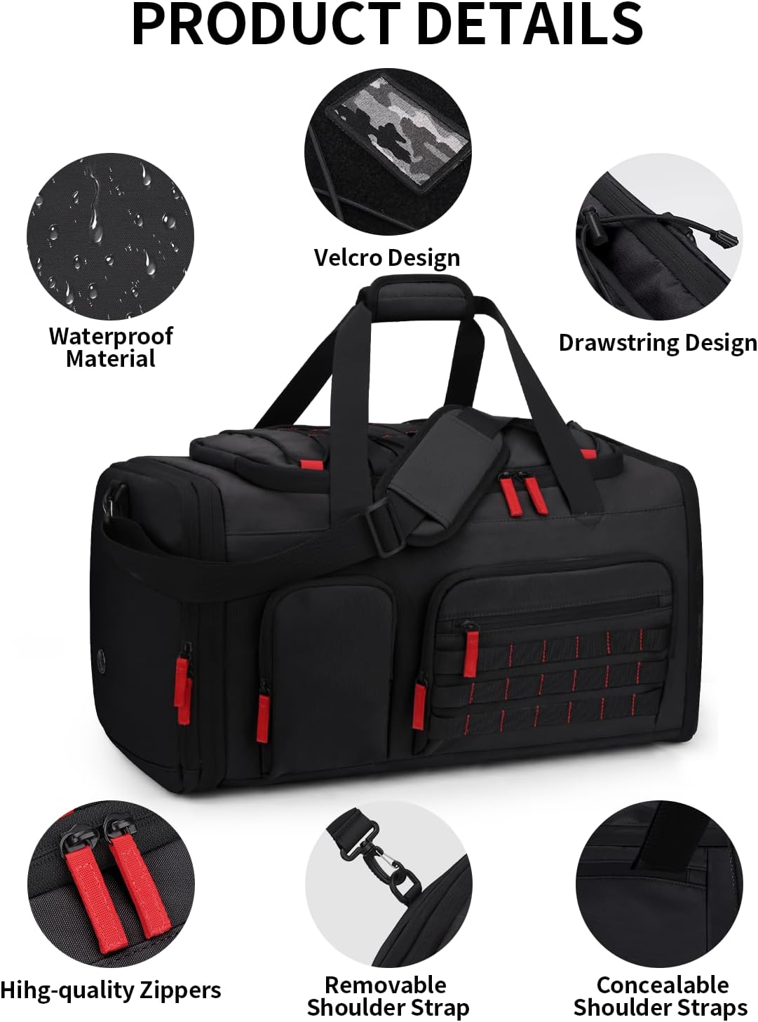 Gym Bags for Men Women, 45L Sports Travel Duffle Bag with Shoe Compartment, 3 in 1 Weekener Overnight Backpack with Wet Pocket, Black - Image 3