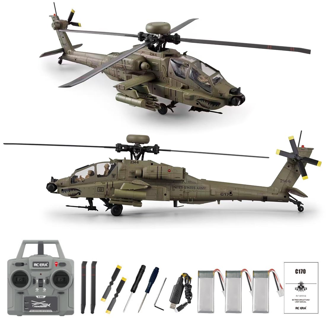RC ERA C170 AH-64D Apache RC Elicottero RC 1/48 2,4 GHz 6CH Flybarless modello con Optical Flow TOF mantenimento dell'altezza motore brushless (verde militare, 3 batterie)