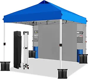 WEIZE 10ft X10ft Pop Up Canopy Tent,One-Button Push Setup,Pop Up Tent with 1 Sidewall and 6 Pockets,Adjustable Height Instant Portable Shelter,4 Weight Bags,Sun Shade for Events & Beach (Blue)