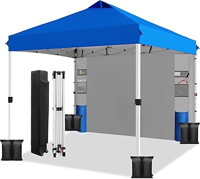 WEIZE 10ft X10ft Pop Up Canopy Tent,One-Button Push Setup,Pop Up Tent with 1 Sidewall and 6 Pockets,Adjustable Height Instant Portable Shelter,4 Weight Bags,Sun Shade for Events & Beach (Blue)