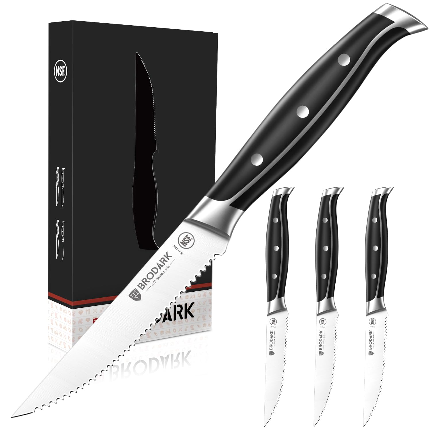 BRODARK Steak Knives Set of 4: 4.5 Inch Serrated Steak Knives with Full Tang Handle - High Carbon Stainless Steel Steak Knife Set - NSF Certified, Steel-King Series