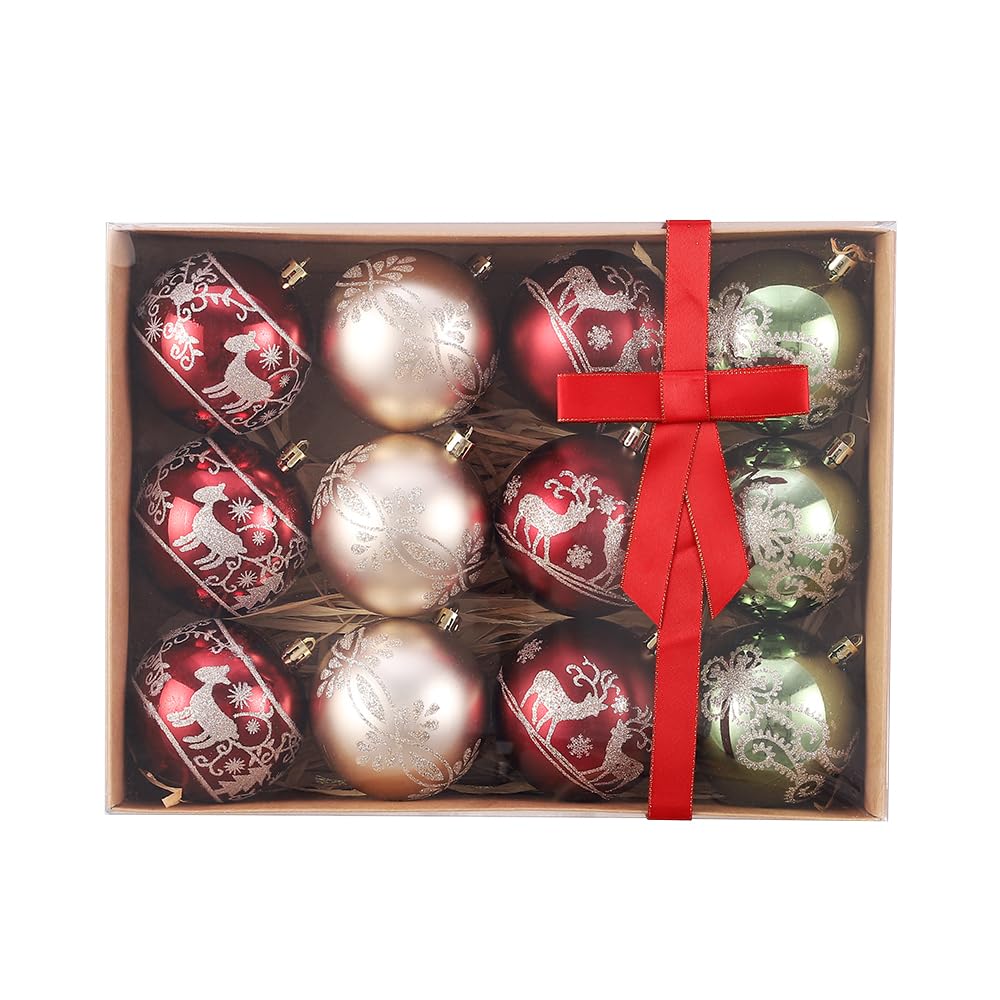 Christmas Tree Ball Ornaments 12pcs 80mm/3.15" Red Green Champagne Christmas Ball for Xmas Holiday Party Decoration