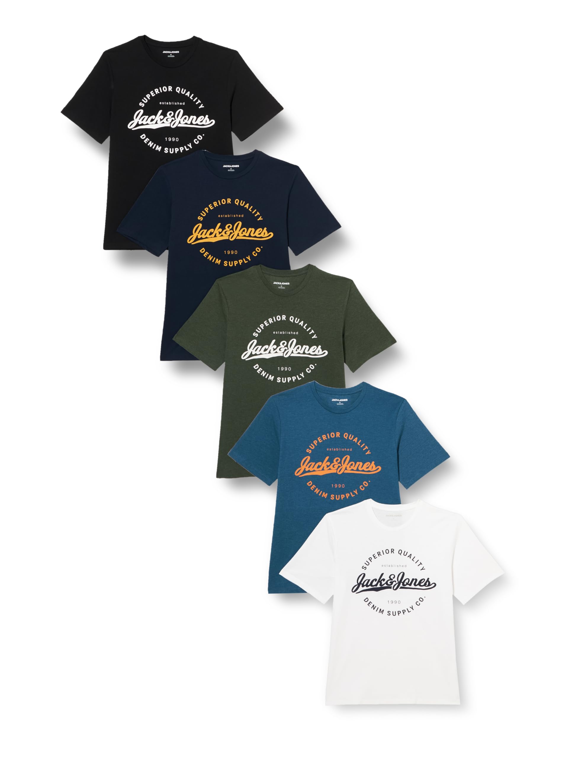 Jack & Jones JJSTANLI tee SS Crew Neck 5PK MP, Camisetas de Hombre Hombre, Black/Pack:Black+White+Navy+MV+SB,