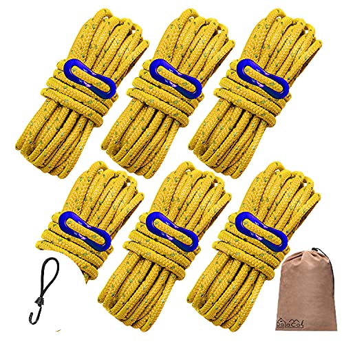 DaLaCa パラコード テントロープ タープロープ ガイロープ 反射材入り 太さ 4mm 長さ 4m 6本 / 8本 / 10本 セット 耐荷重 300kg 自在金具 収納袋 ストレッチコード 付き