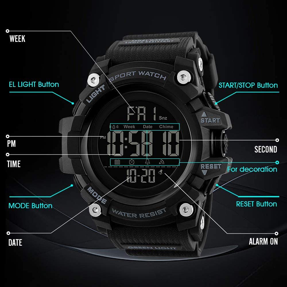 MASTOP Reloj deportivo digital para hombre, cronógrafo, militar, a la moda, impermeable, esfera grande, multifunción, relojes digitales