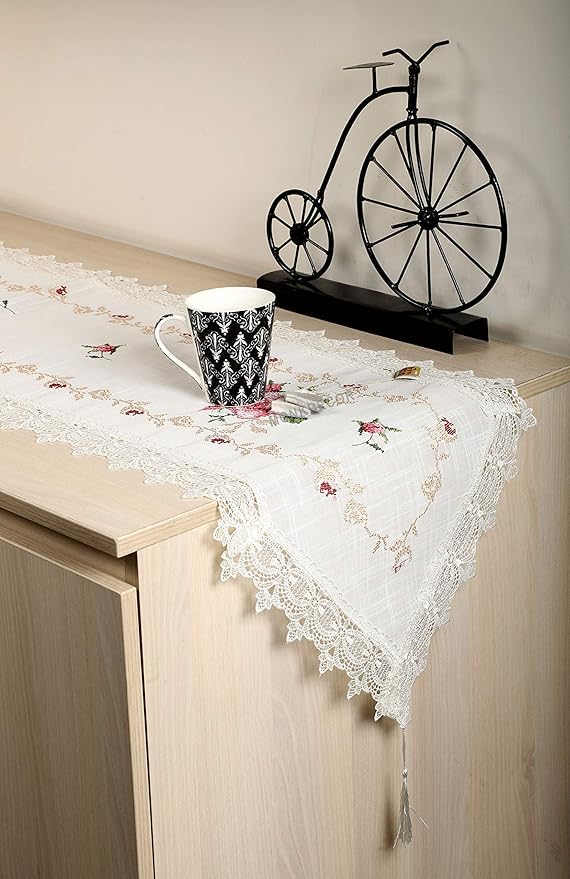 MONKDECOR Cross-Stitch Embroided 6 Seater Dining Table Runner | Living Room Runners | (Size-15x72 Inches Long | White-Pink | (B08DZXRLX4) Amazon Price History, Amazon Price Tracker