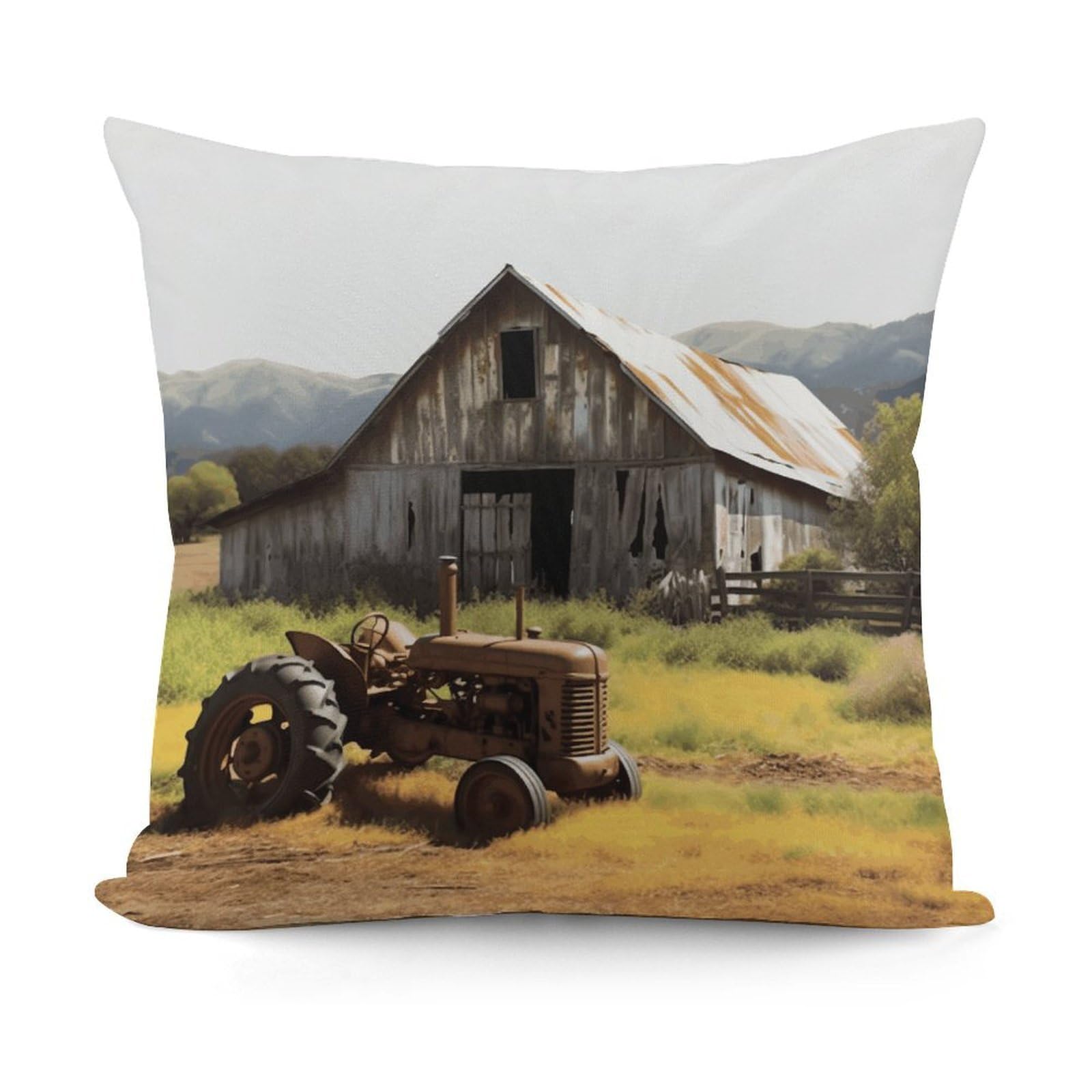 VstaDank Old Wooden Barn with Rusted Tractor Throw Pillow Covers Fade-Resistant Plush Pillow Case Cozy Square Cushion Case Removable Pillowcase Exquisite Pillow Shams Soft Pillow Protector 18"x18"