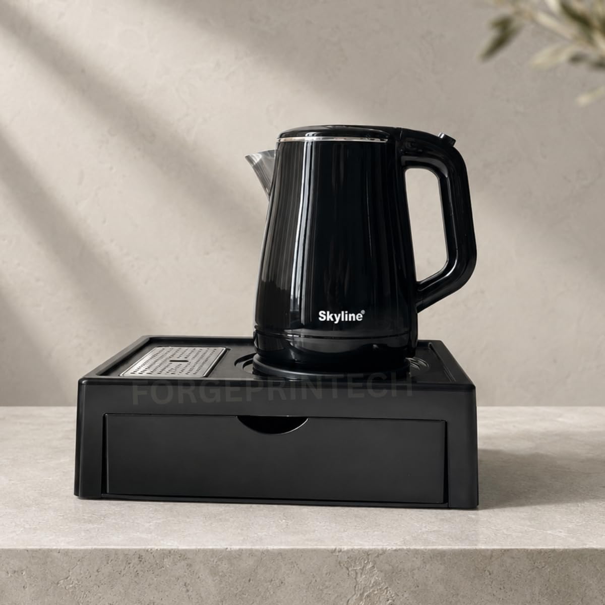 fp tea kettle set for hotel room, 1.5 ltr black electric kettle for instant water boiling and abs kettle tray with drawer, use in hotel room & domestic purpose