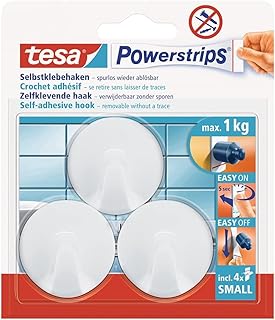 tesa Powerstrips Hooks Small Round - Removable Self-Adhesive Wall Hook for Glass, Tiles, Wood, Plastic and Other Surfaces - Waterproof - White - Strong Hold up to 1 kg