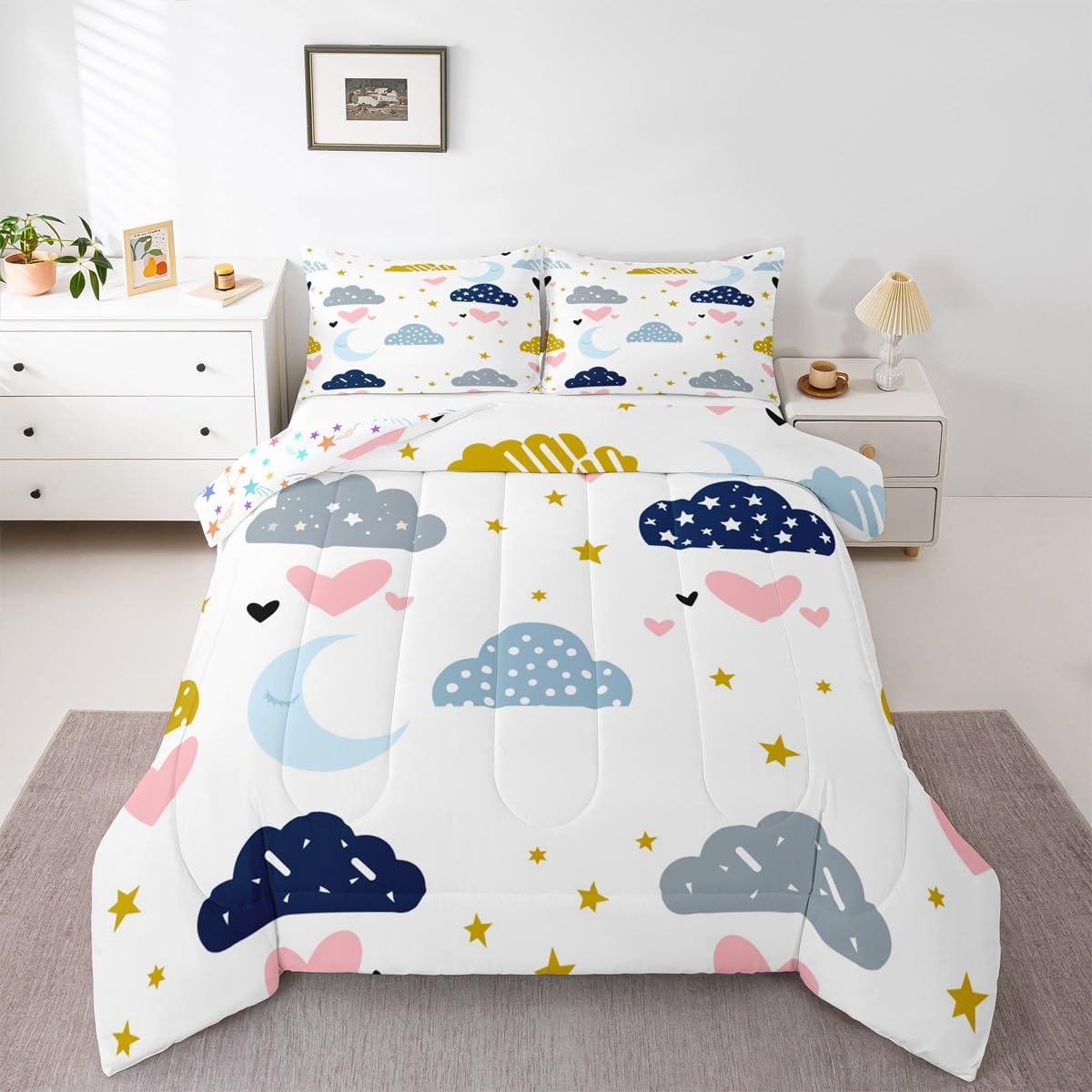 Kawaii Comforter Set With 1 Pillow Case, Moon Stars Cloud Bedding Set Twin Size For Kids Girls Boys Children,Pink Love Heart Quilt Cartoon Rainbow