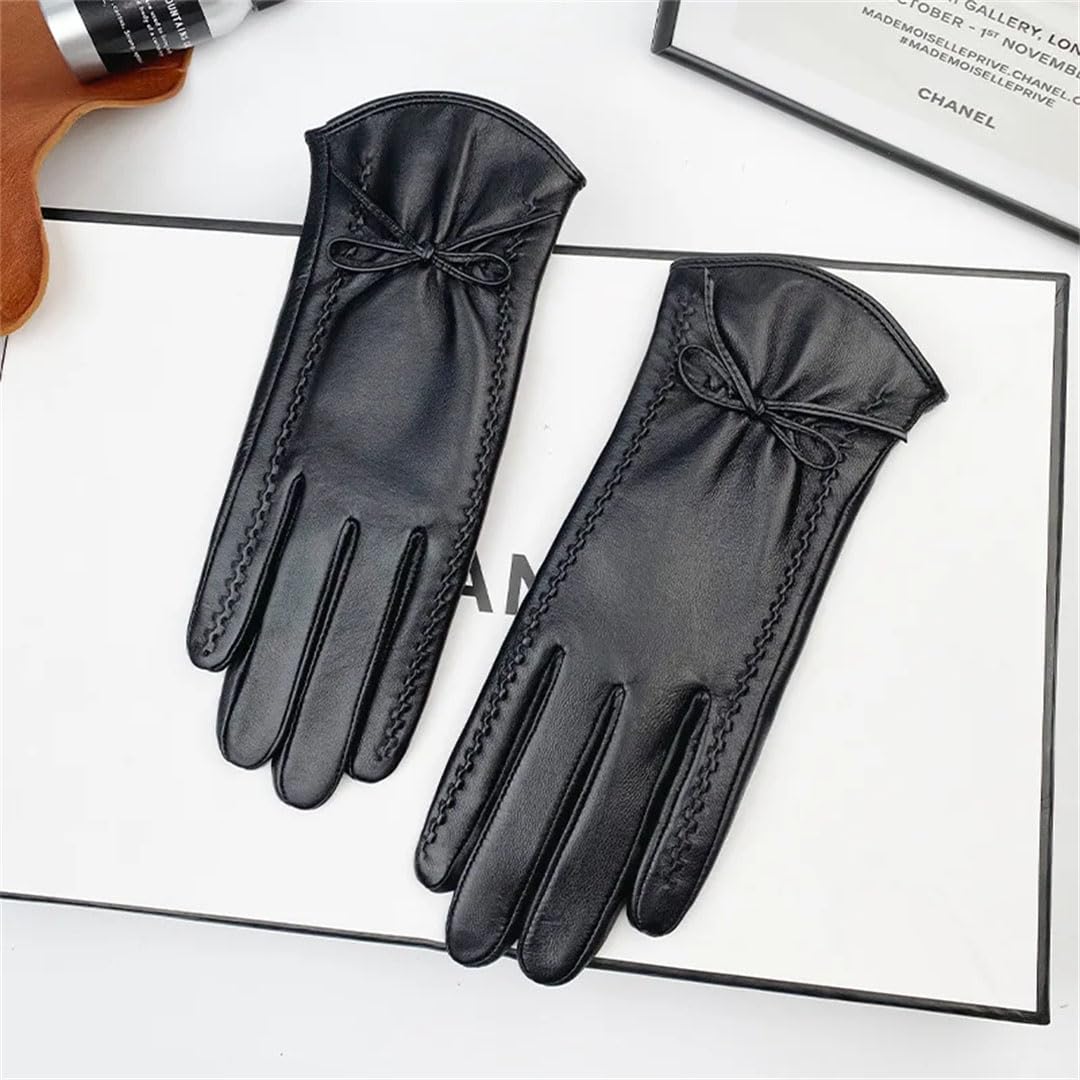 Guantes de piel auténtica para mujer, de invierno, con forro polar, térmicos, gruesos, de piel de oveja, guantes para pantalla táctil, color negro, talla M, Negro, M