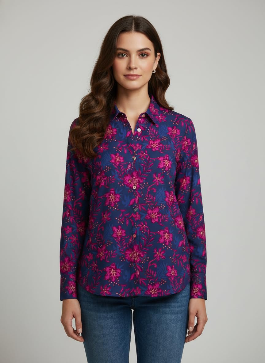ANNI Designer Bedrucktes Damenhemd aus Baumwollmischgewebe, langärmelig, normale Passform, Hemdkragen, legere Bürokleidung, elegante Western-Kleidung für den Alltag, Hochzeit, Party