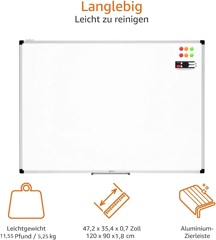 AmazonBasics Mágneses Whiteboard Alumínium Kerettel és Tollcsipesszel - 120 x 90 cm
