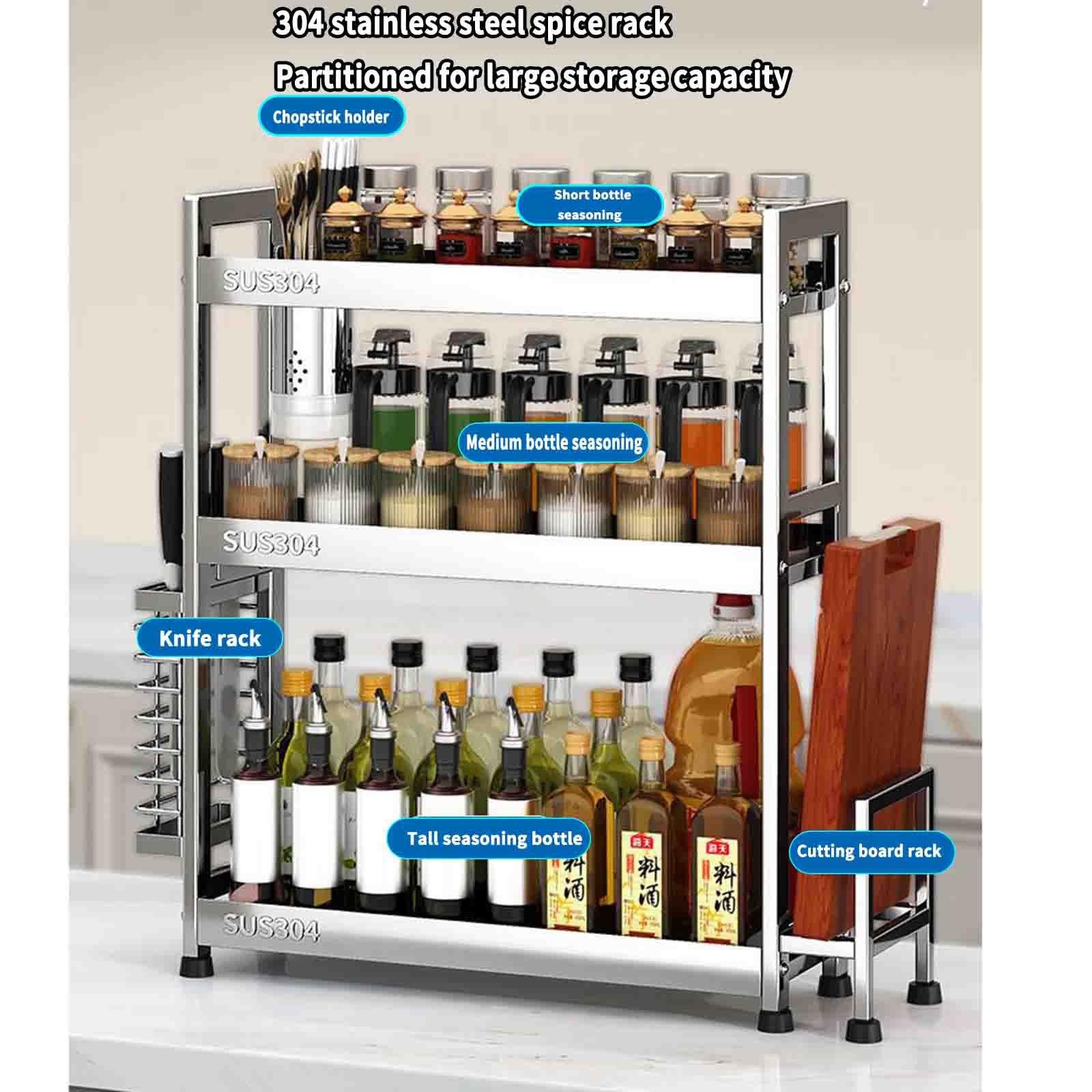 Portaspezie multifunzionale in acciaio inox da cucina (40 x 15 x 61,5 cm, argento), ideale per spezie, erbe, condimenti e accessori da cucina