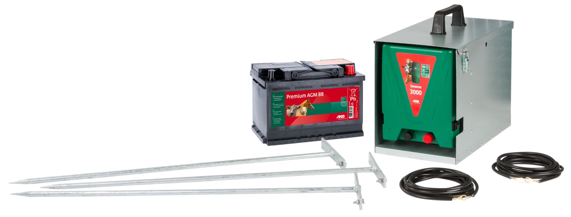 AKO - Starter Set Savana 3000 Senza Pannello Solare, per recinzioni elettriche, per pascolo, per Input 4,5 J, Set Completo, Agricoltore, Proprietario di Animali Domestici