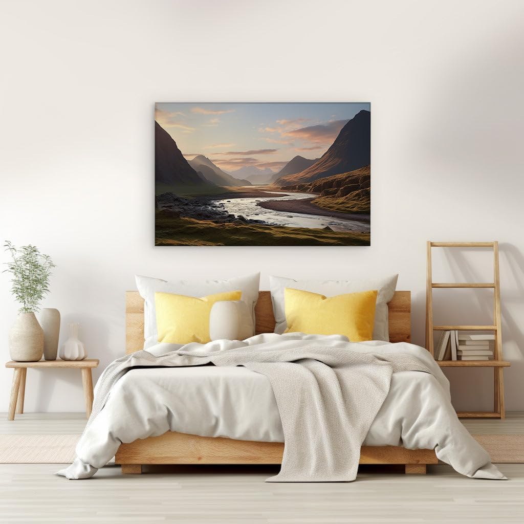 Canvas for Living room. Twilight Serenade by Nature's Symphony: Where Rivers Wind and Mountains Whisper, 27 x 18 inch Canvas Wall Art - Modern Home Decor