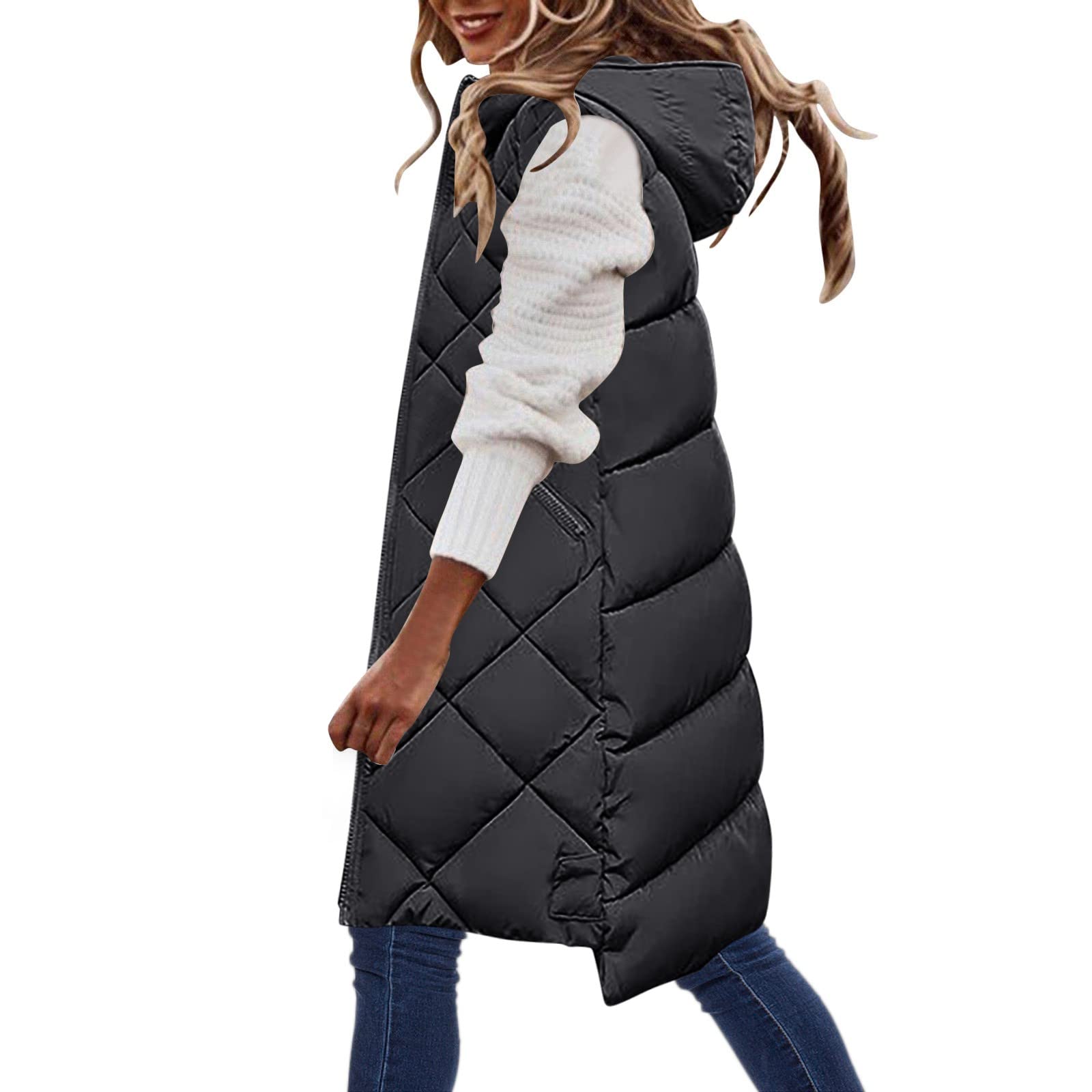 Gilet corto da donna, con cappuccio, trapuntato, giacca invernale, giacca trapuntata, senza maniche, per autunno e inverno, verde, S