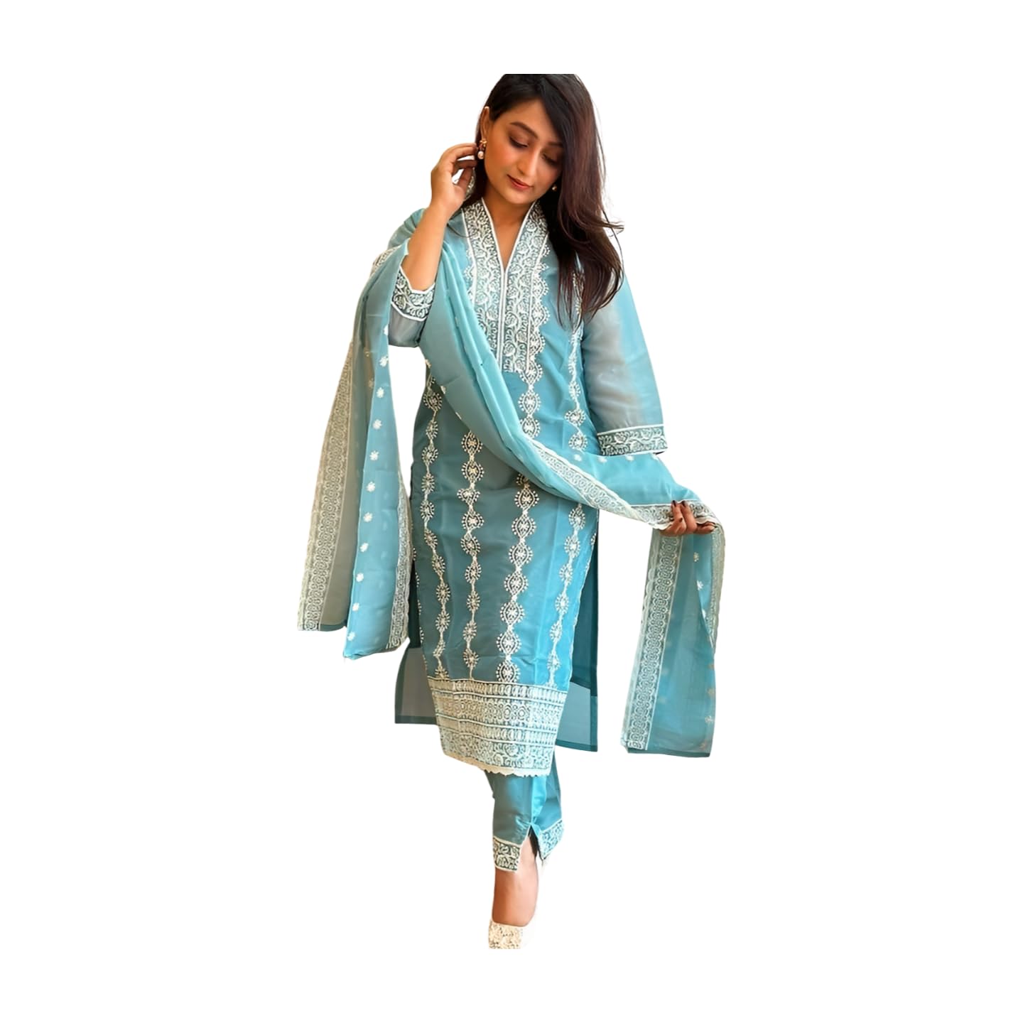 shiv textiles Women's Tesla Embroidered Kurta Pant Dupatta Set(NK-Magic-Blue-P)-picture-22