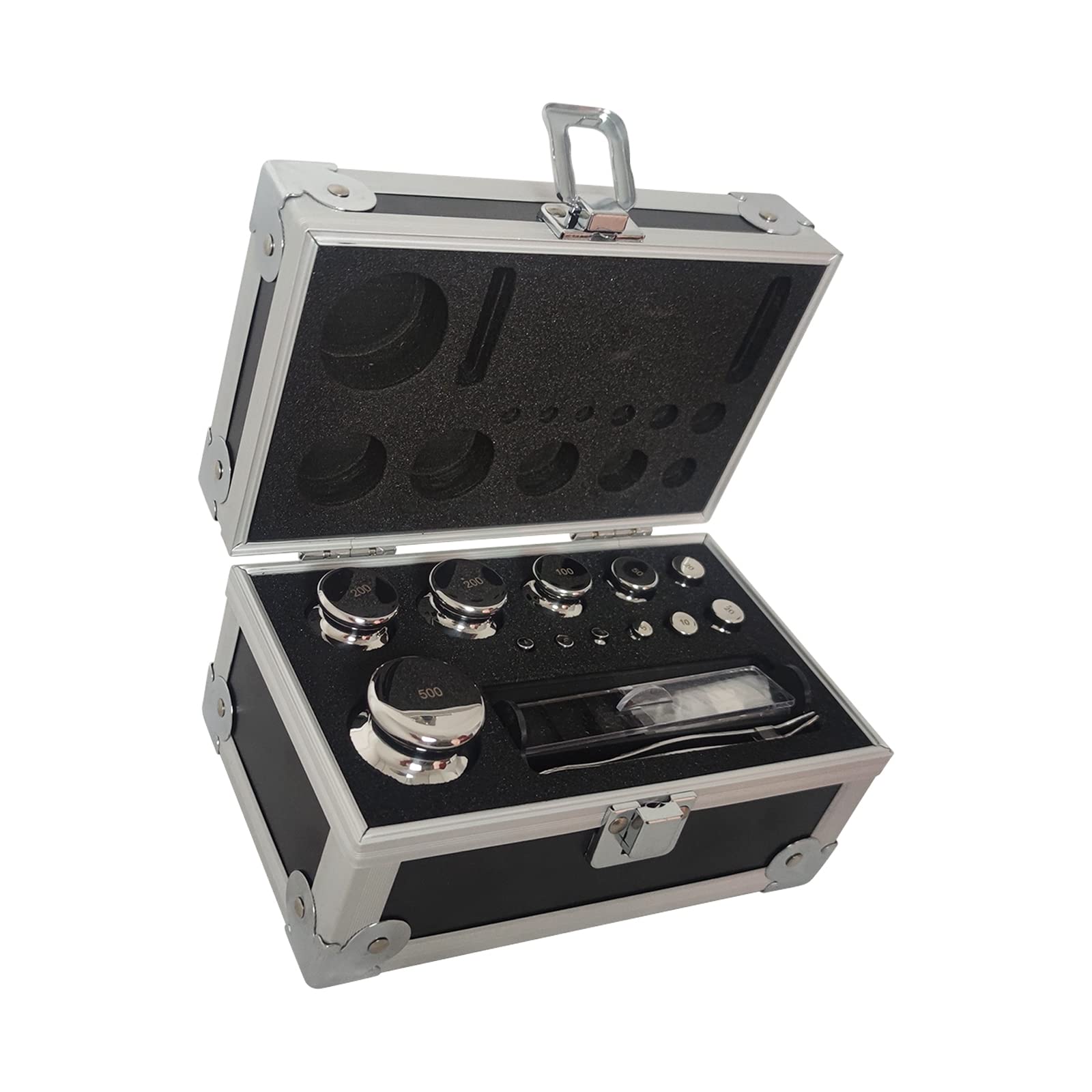 Kit de pesas de calibración de acero inoxidable de grado F1, 1 mg-500 g, 25 pesas, empaquetadas en caja de aleación de aluminio para laboratorio y educación