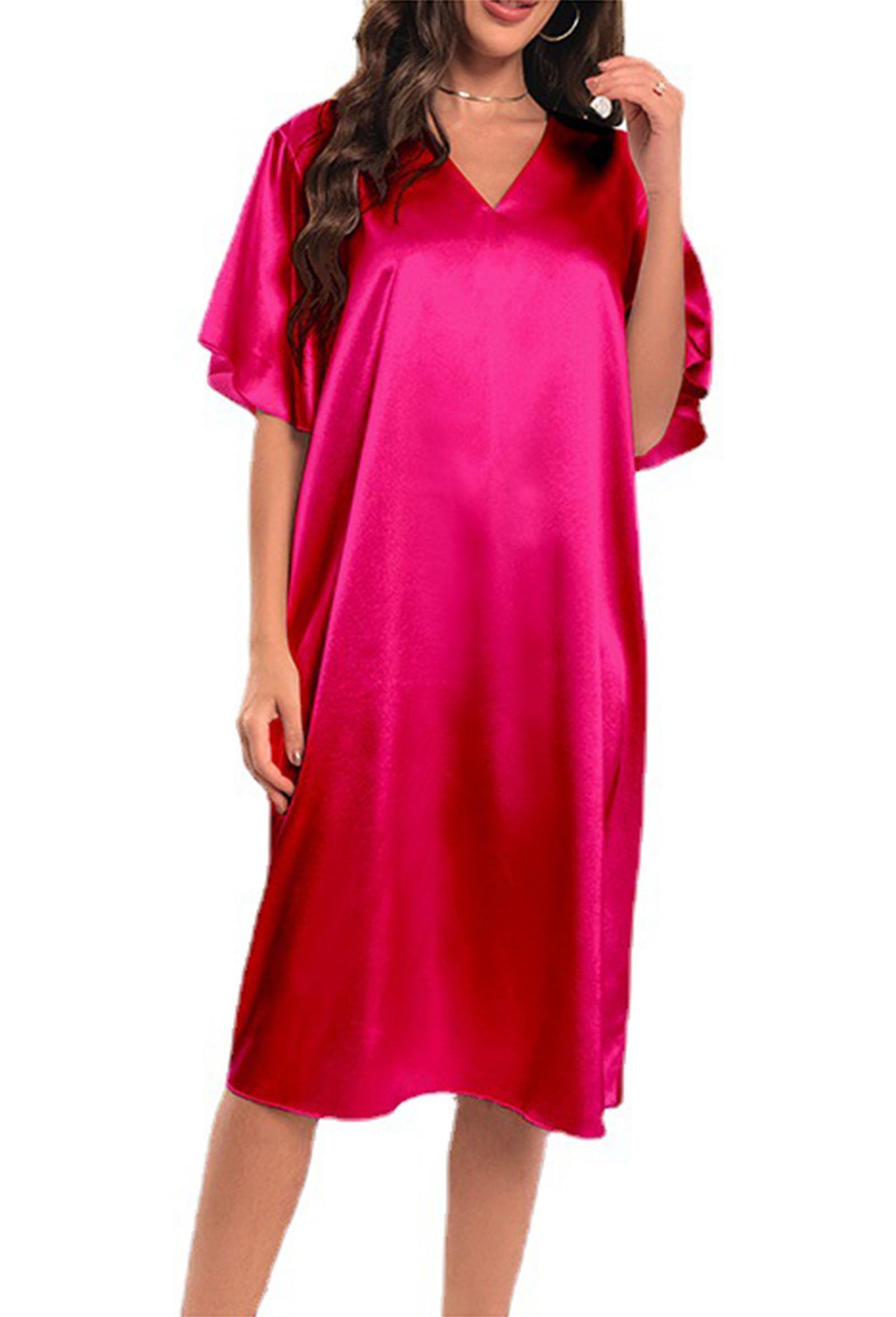 Chemise de Nuit en Soie de Simulation pour Femmes Chemise de Nuit à Manches Courtes Chemise de Nuit à col en V Chemise de Nuit
