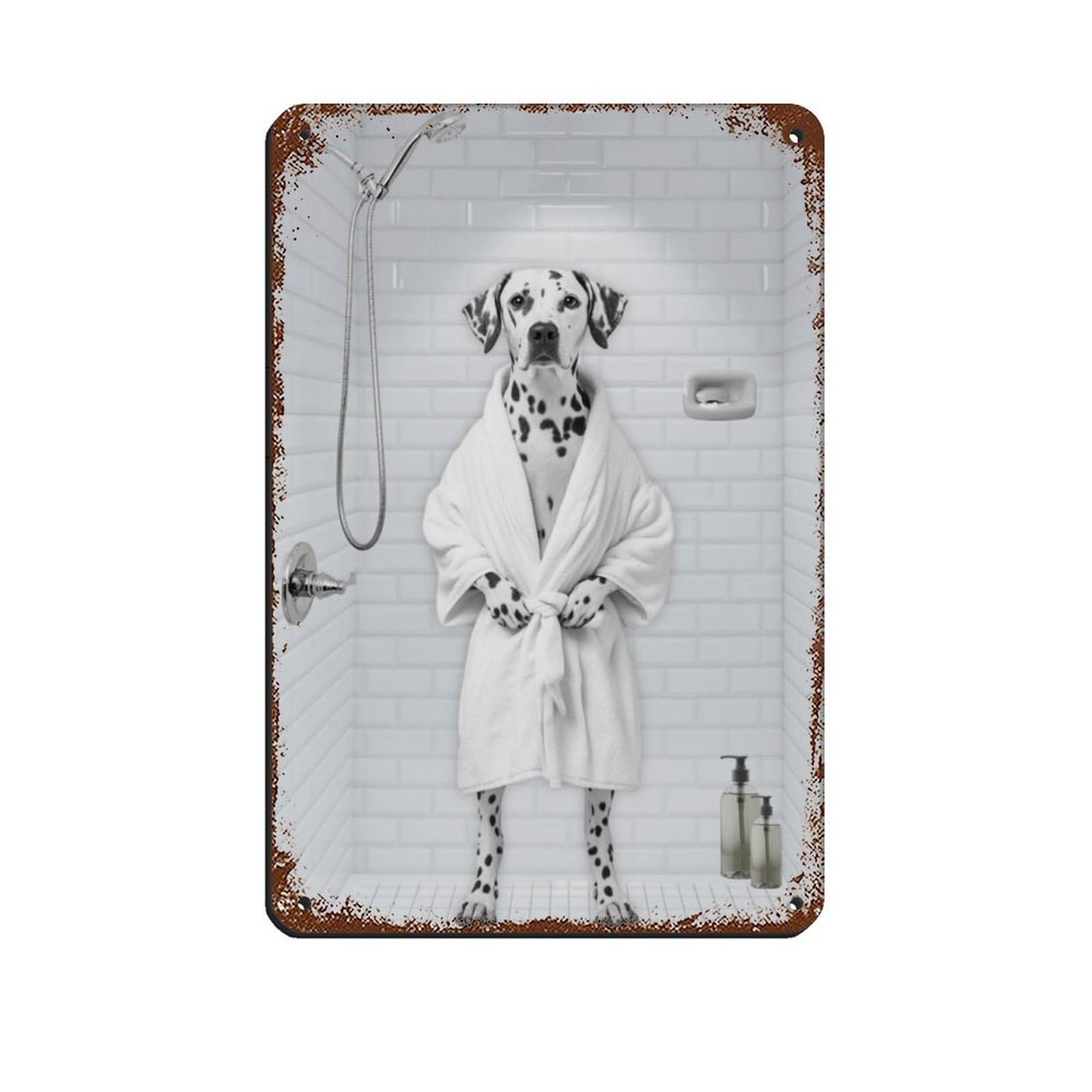 Dog in Bathrobe And Shower Décor Tin Sign Vintage Metal Pub Club Cafe Bar Home Wall Art Decoration Poster Retro 8x12inch(20x30cm)