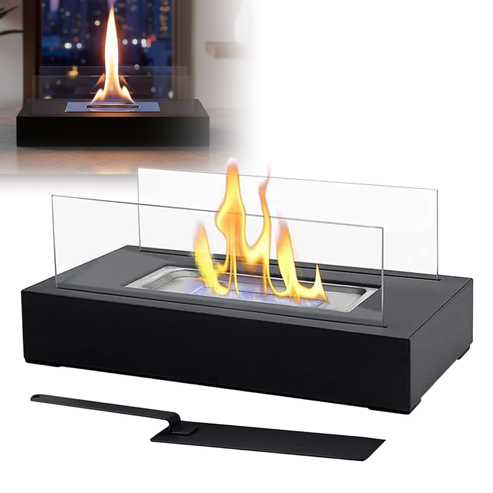 180ml Indoor Tabletop Metal and Glass Fireplace/Firepit for Cozy Ambiance (Black) - 3