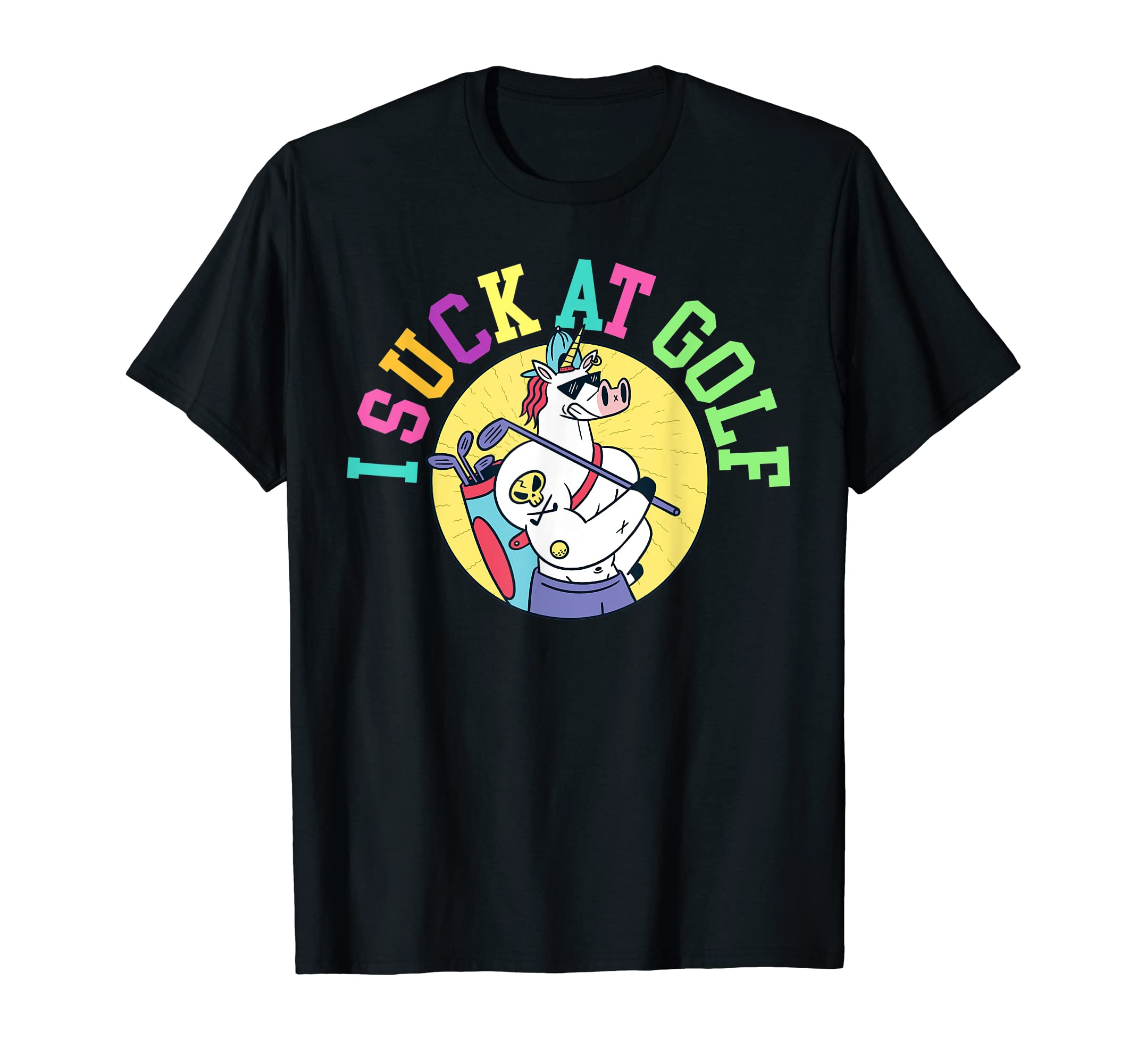 I Suck At Golf Unicorn Ball Swing Golfing Course Sports Golf T-Shirt, Black
