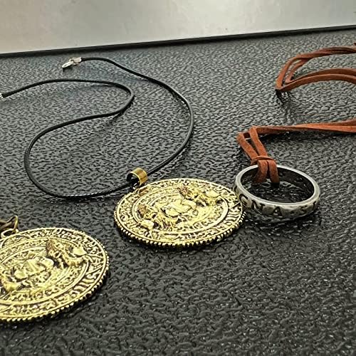 HJYZY 29 pcs Uncharted 4 Drake jewelry Ring Pendant Necklace Engraved Skull Gold COIN Pendant Necklace keychain Sticker Set Brown Leather Men's Bracelet